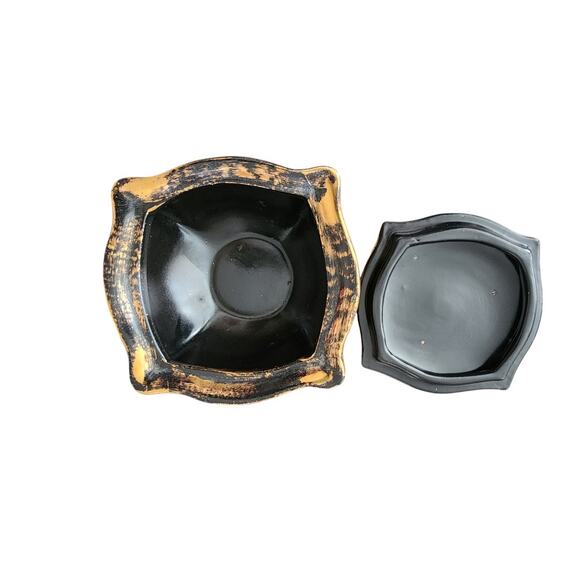 STANGL Lidded Dish Mid Century Art Pottery Marked 3676 Black 22k Gold - Picture 3 of 6